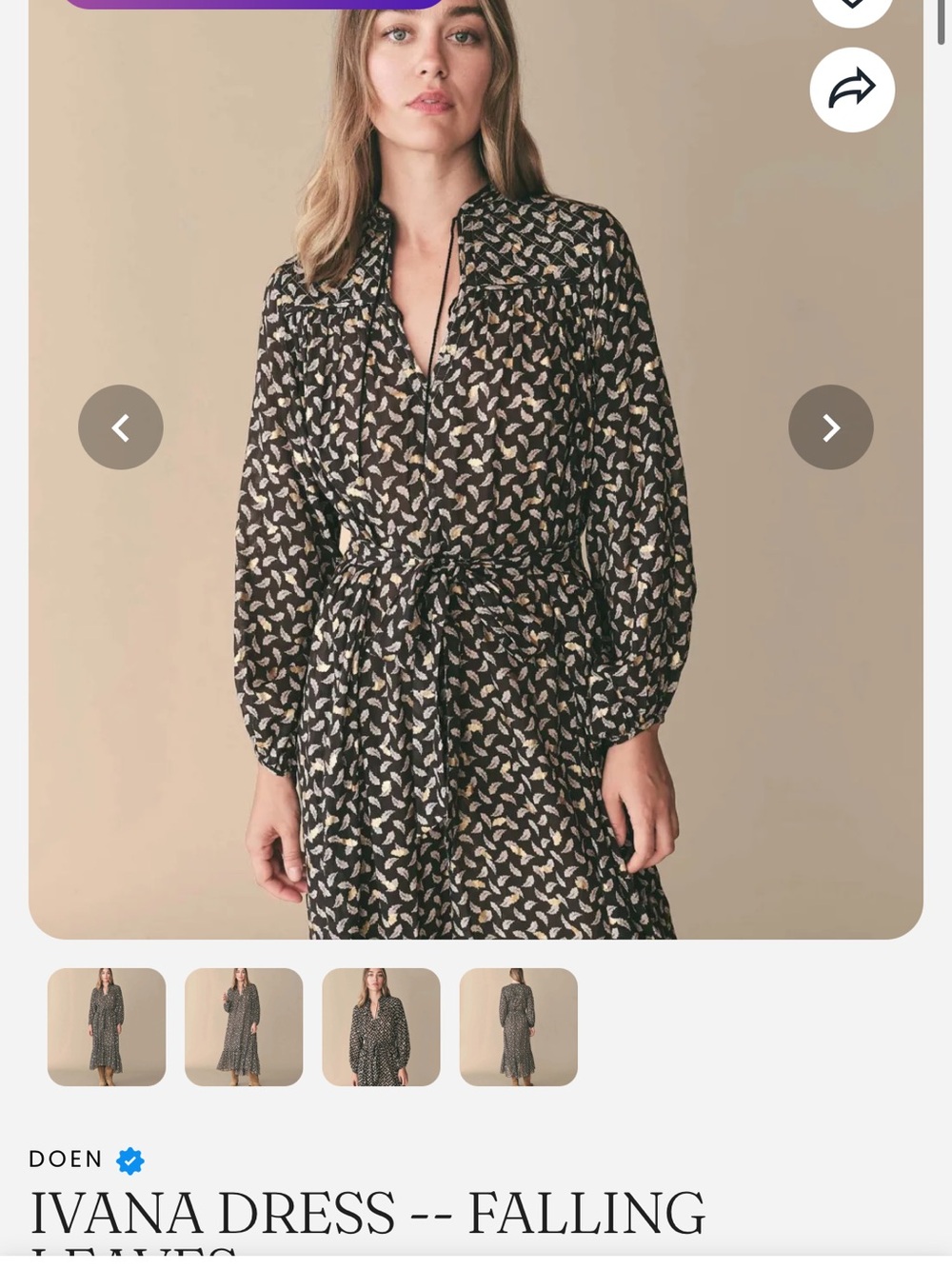 Doen Ivana Long-Sleeve Tie-Waist Black Dress with Cream Leaf Print